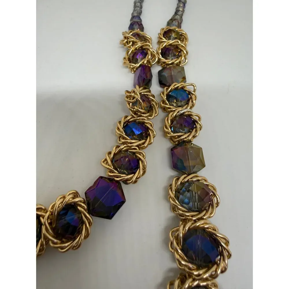 Purple Iridescent Statement Necklace Gold Tone Double Strand Faceted Glass Beads